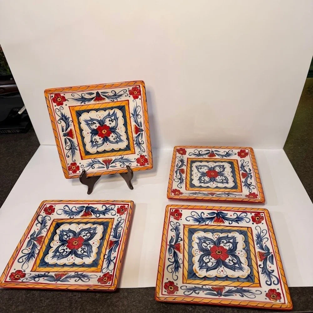 Tabletops Gallery Italiano Square Salad Plates Hand Painted Red Blue Set of 4 8